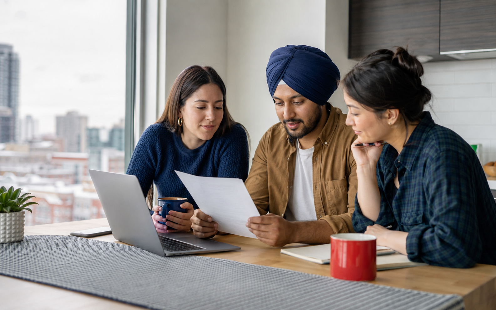 Three newcomers reviewing a Canadian pay stub together